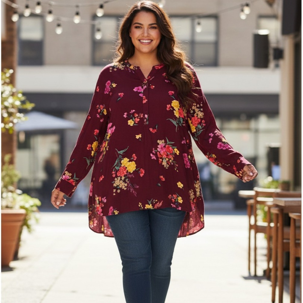 Old Navy Floral Tunic Blouse Womens XXL Burgundy Boho Cottagecore Tropical Flowy
